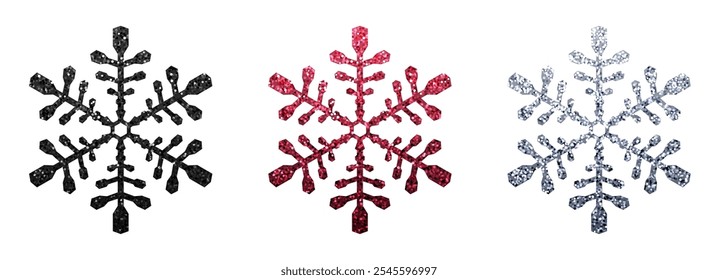 Um conjunto de três flocos de neve brilhantes em tons pretos, cor de vinho e prata, perfeito para projetos e decoração com temas festivos, de inverno ou de férias.