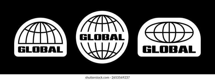 Set of three Global logo designs with World globe grids. Badges design with retro futuristic design elements in minimalistic style. Vector illustration 