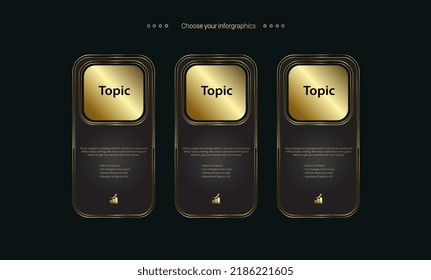 Set of three gloden vector buttons or symbol templates style, icon, charts, objects, Vector elements for website design, business and finance UI templates