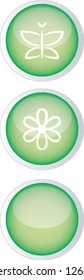 Set of three glossy green buttons, one blank and two with nature symbols flower and butterfly; isolated (vector)
