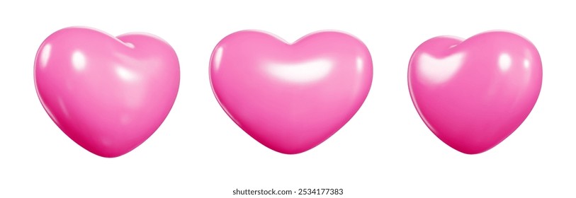 Conjunto de tres globos flotantes de corazón 3D de color rosa brillante con sombras. Vector realista diferentes ángulos presentan iconos de amor. Minimalista día de San Valentín romántica colección de diseño brillante.