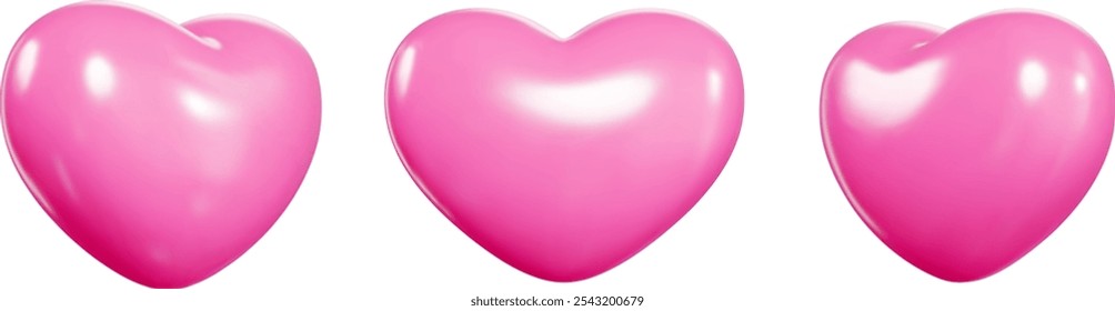 Conjunto de tres globos flotantes de corazón 3D de color rosa brillante con sombras. Vector realista diferentes ángulos presentan iconos de amor. Minimalista día de San Valentín romántica colección de diseño brillante.