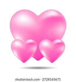 Conjunto de tres corazones 3D de color rosa brillante en diferentes tamaños aislados sobre un fondo blanco, perfecto para la familia y temas de amor.
