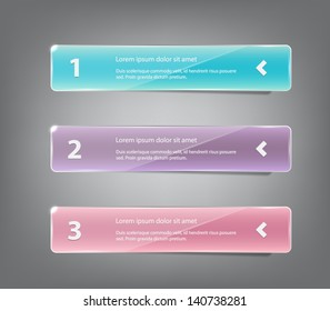 Set of three glossy plastic banners with shiny lights for infographics, business design, step presentation, progress design, number options or workflow layout. Clean and modern style