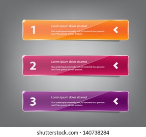 Set of three glossy plastic banners with shiny lights for infographics, business design, step presentation, progress design, number options or workflow layout. Clean and modern style