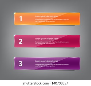 Set of three glossy plastic banners with shiny lights for infographics, business design, step presentation, progress design, number options or workflow layout. Clean and modern style