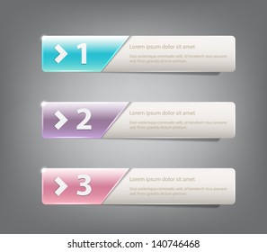 Set of three glossy plastic banners with shiny lights for infographics, business design, step presentation, progress design, number options or workflow layout. Clean and modern style
