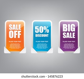 Set of three glossy plastic banners with reflex for business design or websites. Discount, big sale, offer, quality, choice