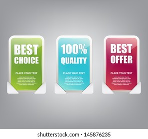 Set of three glossy plastic banners with reflex for business design or websites. Discount, big sale, offer, quality, choice
