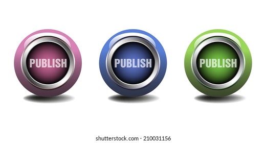 Set of three glossy web buttons with the word publish written on each of them