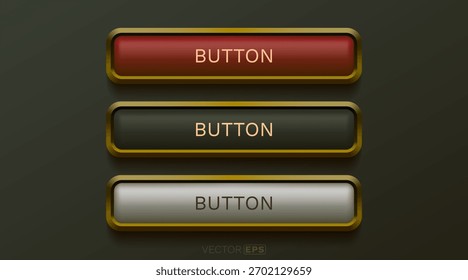 Set of three glossy web buttons with golden metallic frames. Sleek UI elements for modern web design. Vector illustration