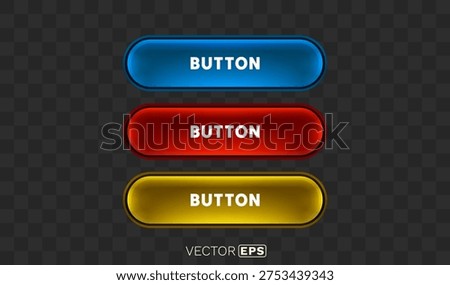 Set of three glossy web buttons in blue, red, and yellow. Modern user interface element. Vector illustration