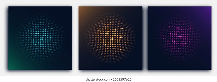 Set of three glowing dot spheres with colorful gradient lighting on a dark background. Used in digital interfaces, data visualization, futuristic graphics, or abstract technology presentations.