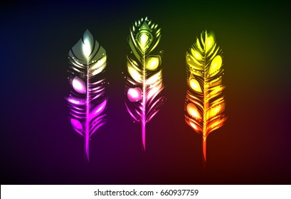 Set of three glowing feathers Neon vector illustration.