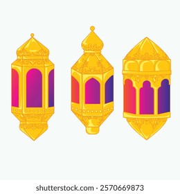 Set of three glowing golden lanterns with ornate carvings, symbolizing Ramadan warmth and elegance.