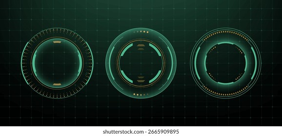 Set of three glowing hud vector graphics, round digital elements with circles and dots for sci-fi interface or futuristic design