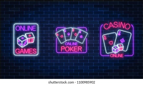 Set of three glowing neon signs of casino online games application on dark brick wall background. Casino bright signboard. Internet gambling banner. Vector illustration.