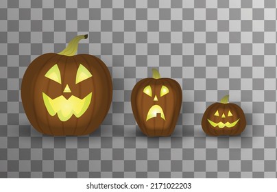 Set of Three glowing scary carved Halloween pumpkins. Dark decorative pumpkins lanterns.