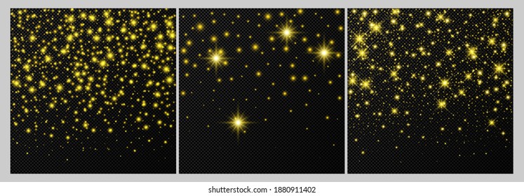 Set of three gold backdrops with stars and dust sparkles isolated on dark transparent background. Celebratory magical Christmas shining light effect. Vector illustration.