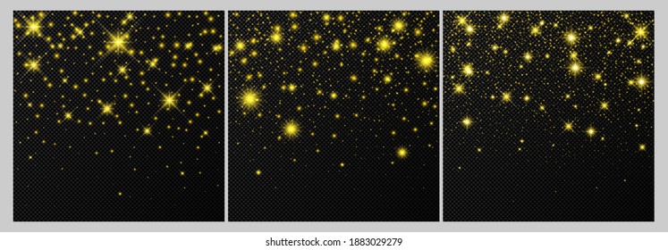 Set of three gold backdrops with stars and dust sparkles isolated on dark transparent background. Celebratory magical Christmas shining light effect. Vector illustration.