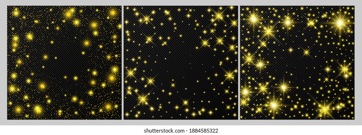Set of three gold backdrops with stars and dust sparkles isolated on dark transparent background. Celebratory magical Christmas shining light effect. Vector illustration.