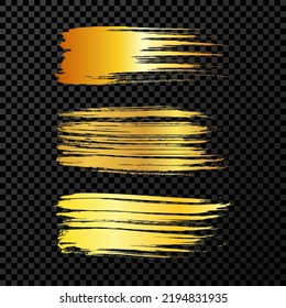 Set of three gold brush strokes. Hand drawn ink spots isolated on dark background. Vector illustration