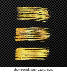 Set of three gold brush strokes. Hand drawn ink spots isolated on dark transparent background. Vector illustration