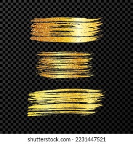 Set of three gold brush strokes. Hand drawn ink spots isolated on dark transparent background. Vector illustration