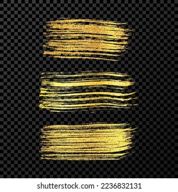 Set of three gold brush strokes. Hand drawn ink spots isolated on dark transparent background. Vector illustration