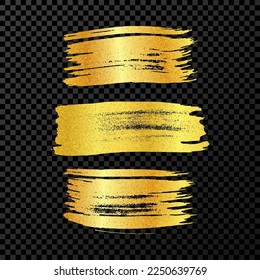 Set of three gold brush strokes. Hand drawn ink spots isolated on dark background. Vector illustration