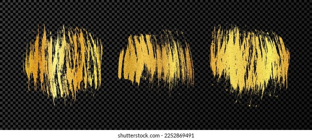 Set of three gold brush strokes. Hand drawn ink spots isolated on dark transparent background. Vector illustration