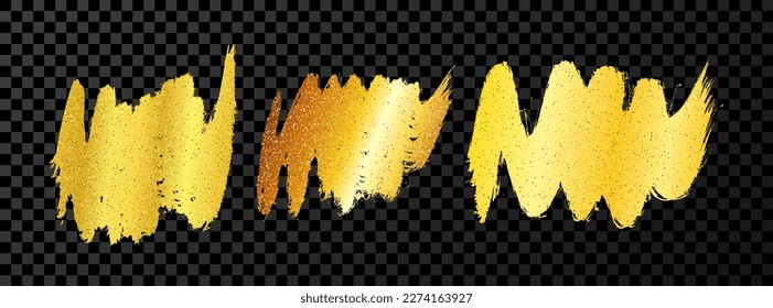 Set of three gold brush strokes. Hand drawn ink spots isolated on dark transparent background. Vector illustration