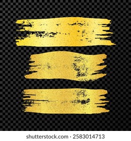 Set of three gold brush strokes. Hand drawn ink spots isolated on dark transparent background. Vector illustration