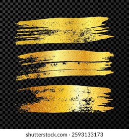 Set of three gold brush strokes. Hand drawn ink spots isolated on dark transparent background. Vector illustration