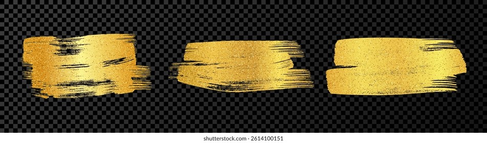 Set of three gold brush strokes. Hand drawn ink spots isolated on dark transparent background. Vector illustration