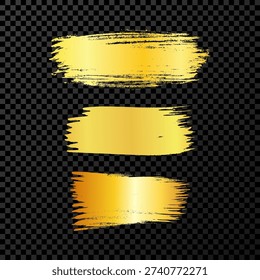 Set of three gold brush strokes. Hand drawn ink spots isolated on dark transparent background. Vector illustration