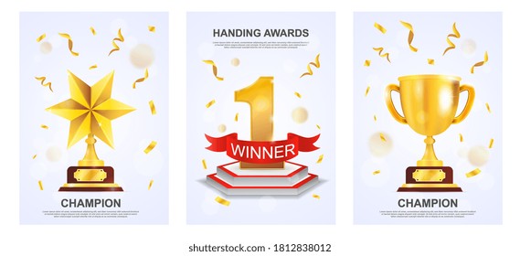 Set of three gold championship or competition winner trophy awards on plinths with star, number one and cup in a concept of awarding prizes or handing out awards, colored vector illustration