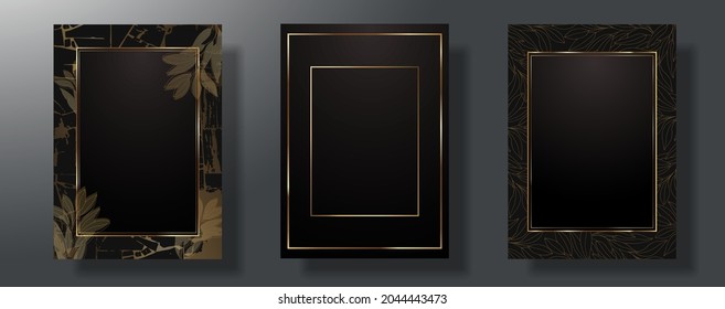 A set of three. Gold frame and leaves. Dark theme. Shine of metal on a dark background. Vector illustration.