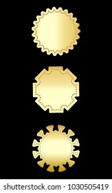 A set of three gold framed badges/labels  isolated on black. vector illustration and design elements. symbols of motivation, award, recognition, guarantee, security. 