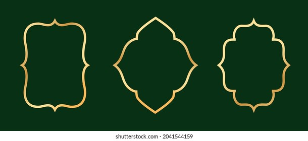 Set of three gold frames arabic style design isolated on green background. Vector