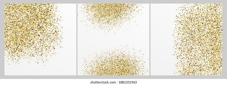 Conjunto de tres telas de fondo de confeti de brillo dorado aisladas en fondos transparentes blancos. Textura de celebración con efecto luminoso brillante. Ilustración vectorial.