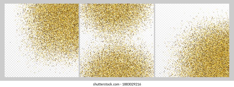 Set of three gold glitter confetti backdrops isolated on white transparent backgrounds. Celebratory texture with shining light effect. Vector illustration.