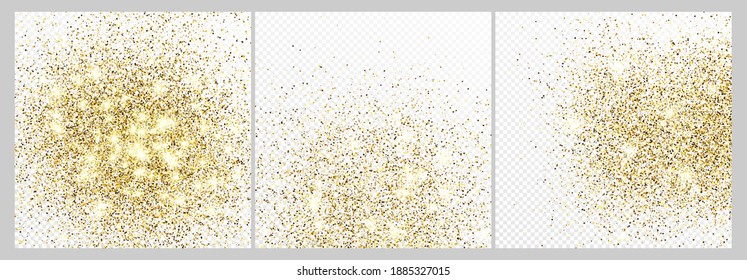 Conjunto de tres telas de fondo de confeti de brillo dorado aisladas en fondos transparentes blancos. Textura de celebración con efecto luminoso brillante. Ilustración vectorial.