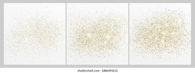 Set of three gold glitter confetti backdrops isolated on white transparent backgrounds. Celebratory texture with shining light effect. Vector illustration.