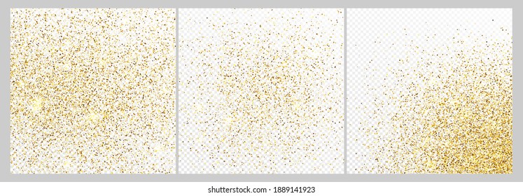 Conjunto de tres telas de fondo de confeti de brillo dorado aisladas en fondos transparentes blancos. Textura de celebración con efecto luminoso brillante. Ilustración vectorial.