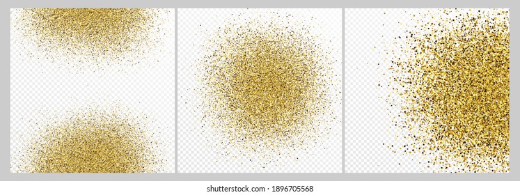 Set von drei goldglänzenden Konfetti-Hintergründen einzeln auf weißem, transparentem Hintergrund. Feierliche Textur mit leuchtendem Lichteffekt. Vektorgrafik.