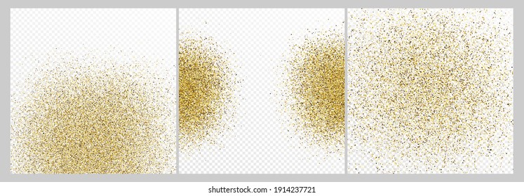 Set of three gold glitter confetti backdrops isolated on white transparent backgrounds. Celebratory texture with shining light effect. Vector illustration.