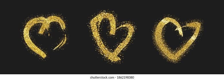 Set of three gold glitter doodle hearts on dark background. Gold grunge hand drawn heart. Romantic love symbol. Vector illustration.
