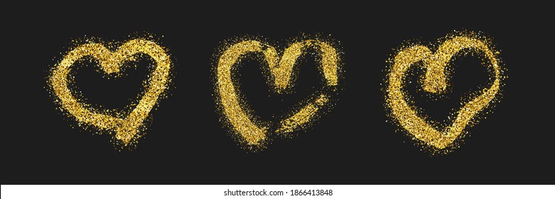 Set of three gold glitter doodle hearts on dark background. Gold grunge hand drawn heart. Romantic love symbol. Vector illustration.