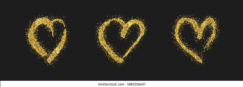 Set of three gold glitter doodle hearts on dark background. Gold grunge hand drawn heart. Romantic love symbol. Vector illustration.